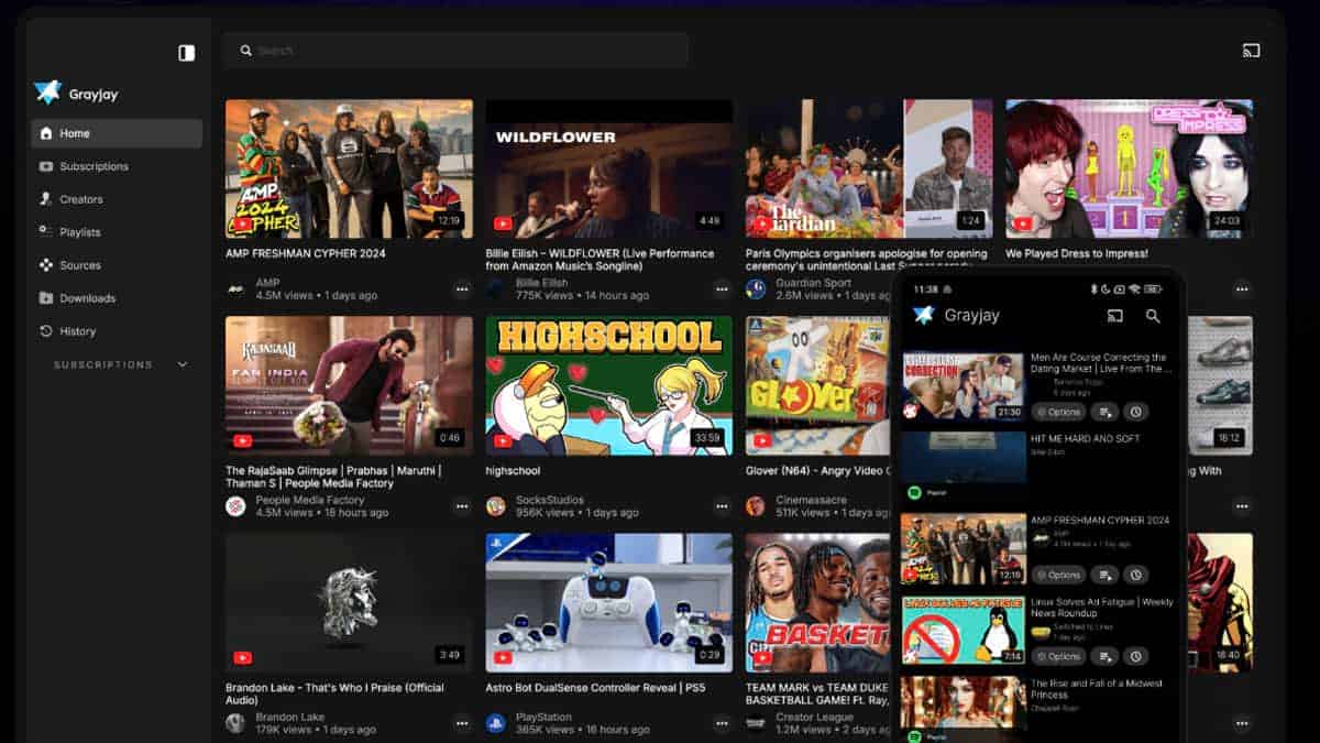 Grayjay App, per vedere video YouTube ma non solo, arriva anche su desktop